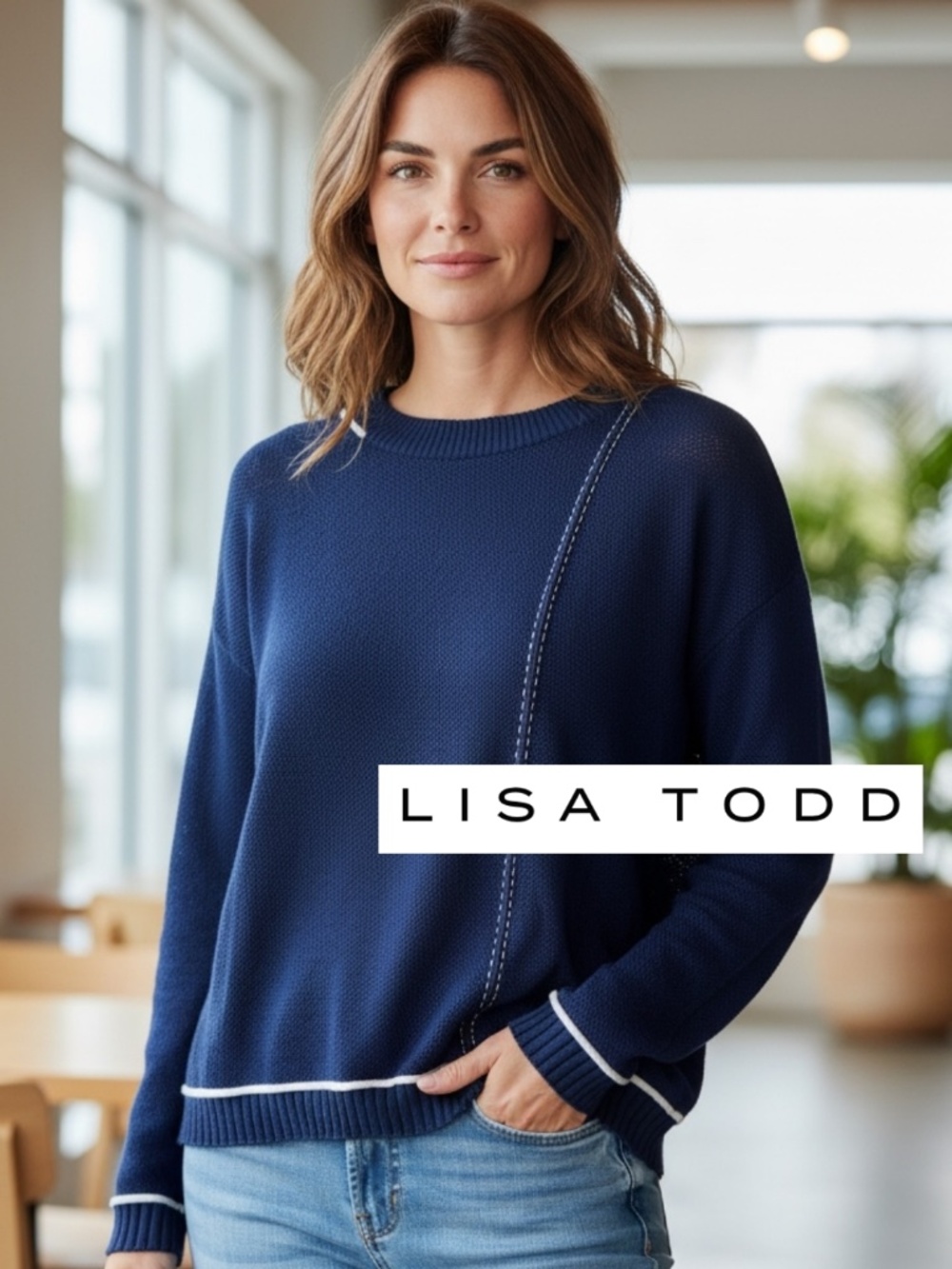 Lisa Todd cream stitching on Navy sweater, M, CB2672